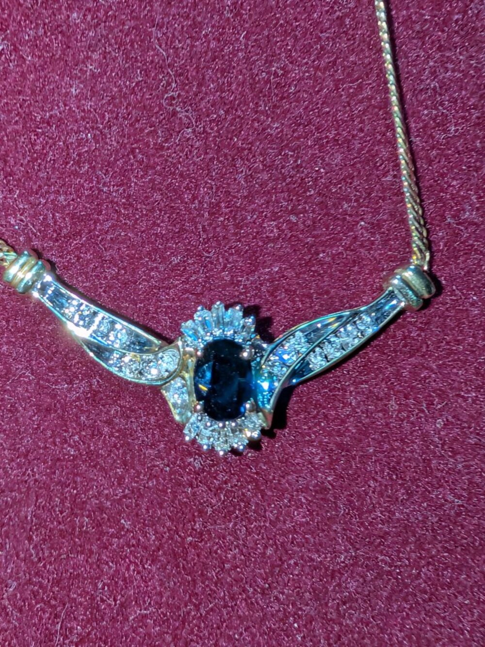 Natural Blue Sapphire & Diamond Necklace 10k Yellow Gold 17" necklace - Picture 4 of 6